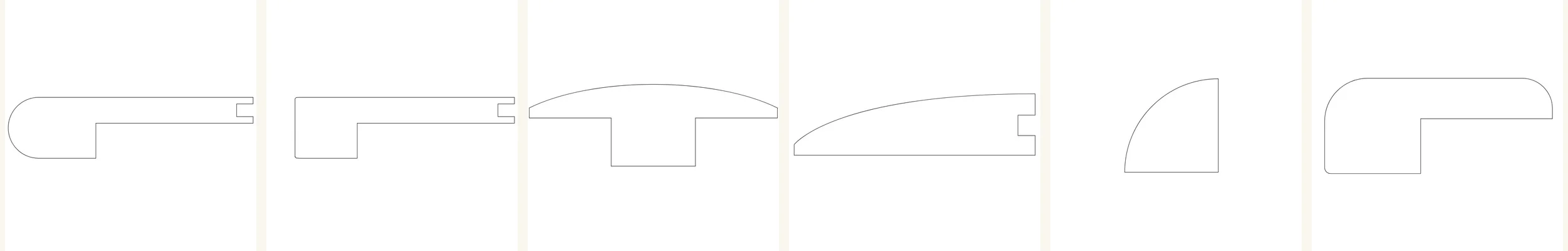 Custom molding profiles — Round Flush Nosing, Square Flush Nosing, T-Molding, Reducer, Quarter Round, Threshold