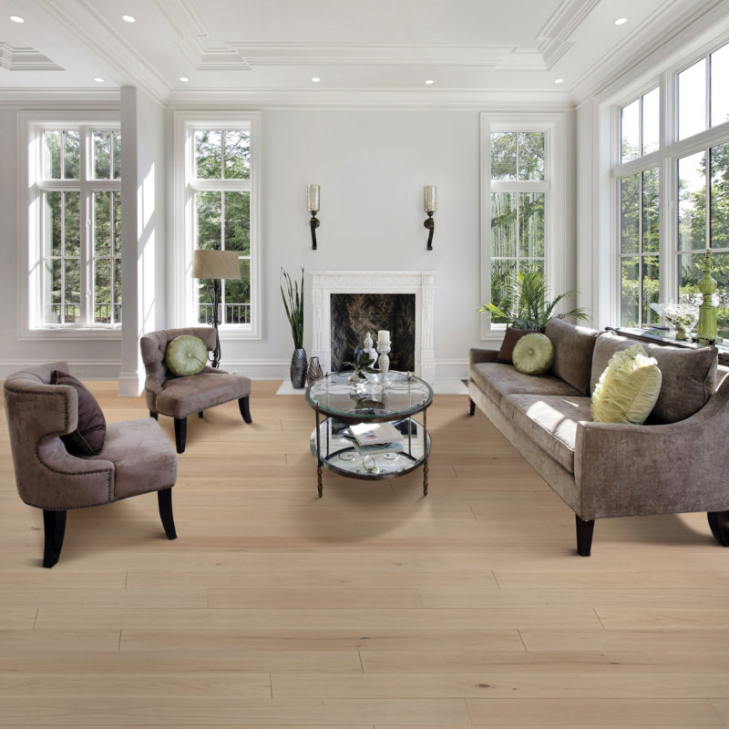 Wide-plank European white oak hardwood flooring in a residential interior