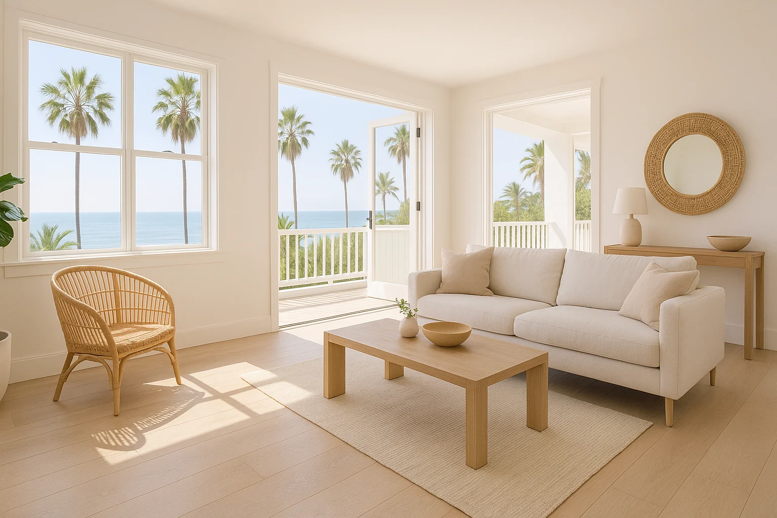 Light hardwood flooring in a California coastal home
