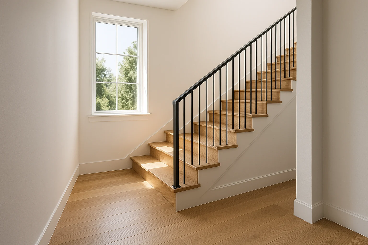 Custom white oak hardwood stair treads in a modern California home